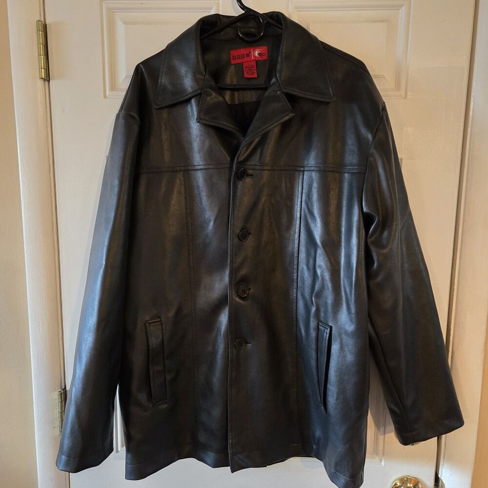 Vintage Old College Inn OCI Black Faux Leather Jacket Coat Men Large Quilted Y2K